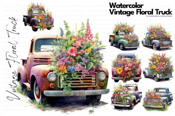 Watercolor Floral Vintage Trucks