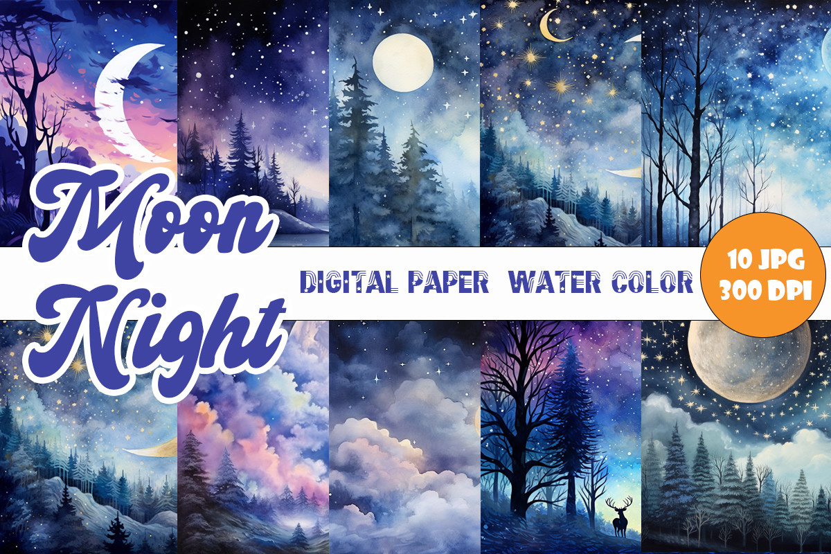 Moonlit Night Digital Paper Watercolor