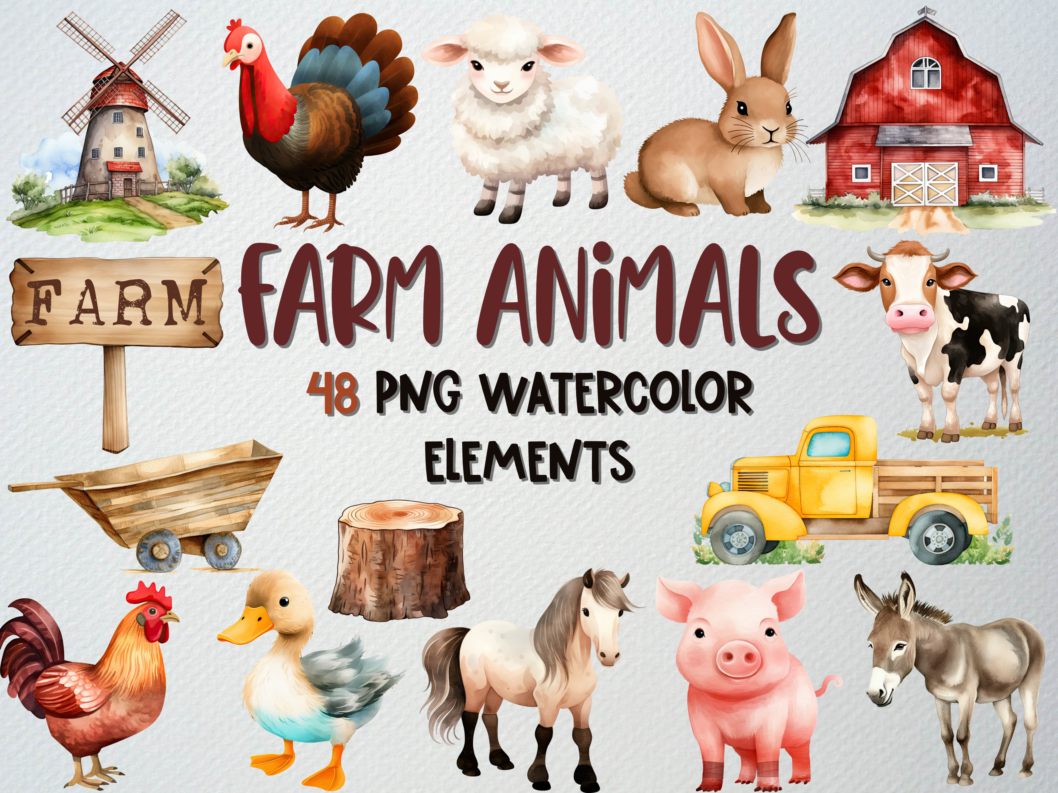 Watercolor Farm Animals Clipart Set Graphic by beyouenked · Creative ...