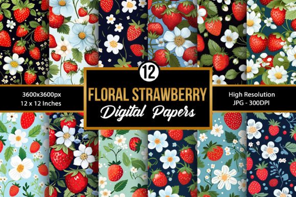 Floral Strawberry Digital Paper Patterns Graphic Patterns By Creative Store