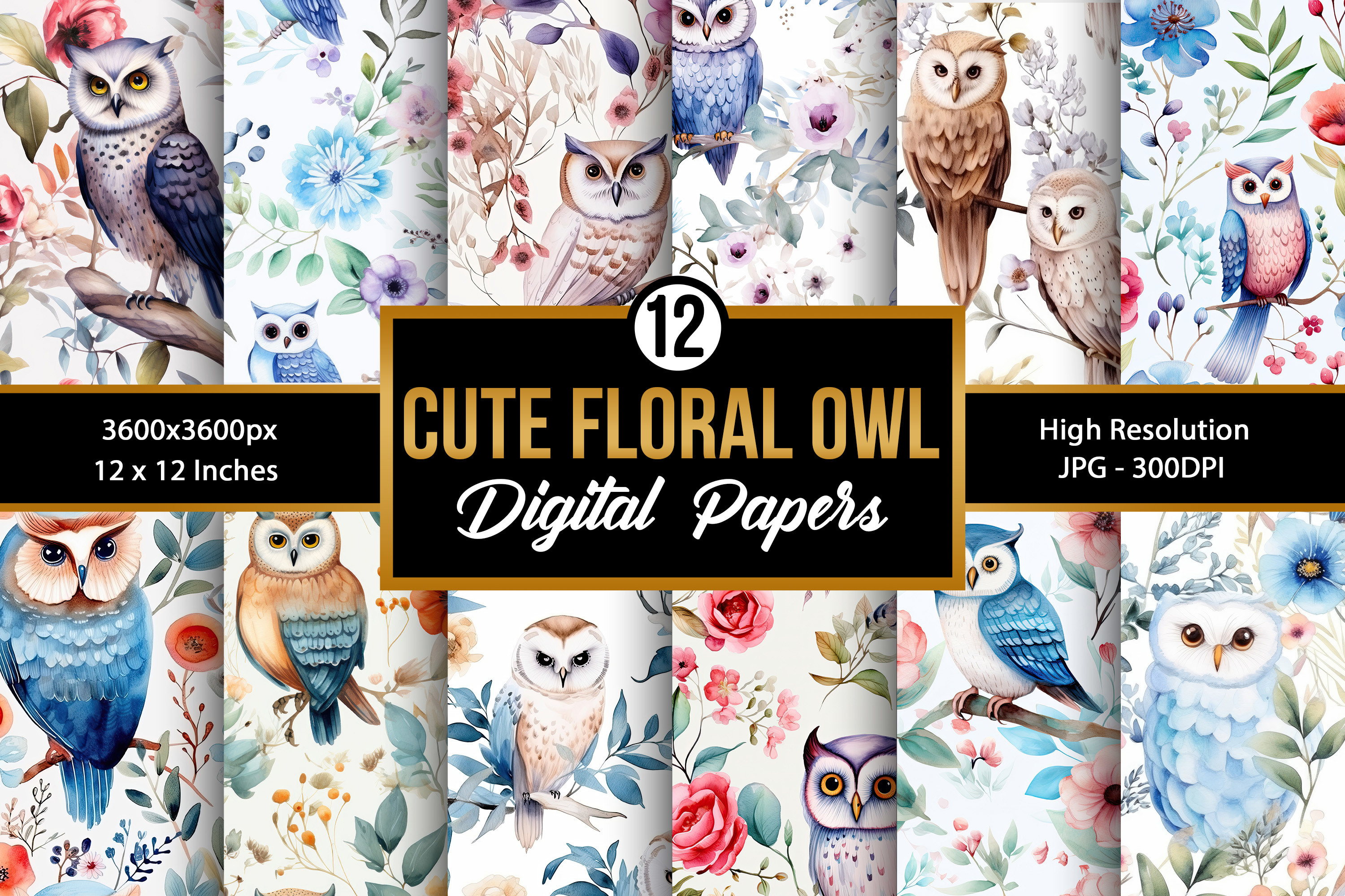 Watercolor Floral Owl Digital Papers Graphic by Creative Store ...