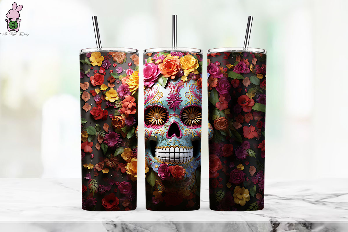 3D Sugar Skull Florals Tumbler Wrap 1 Graphic by Turtle Rabbit ...