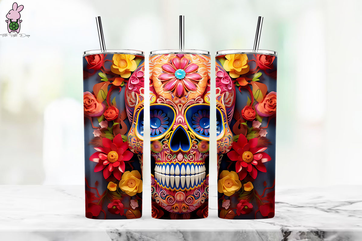 3D Sugar Skull Florals Tumbler Wrap 5 Graphic by Turtle Rabbit ...