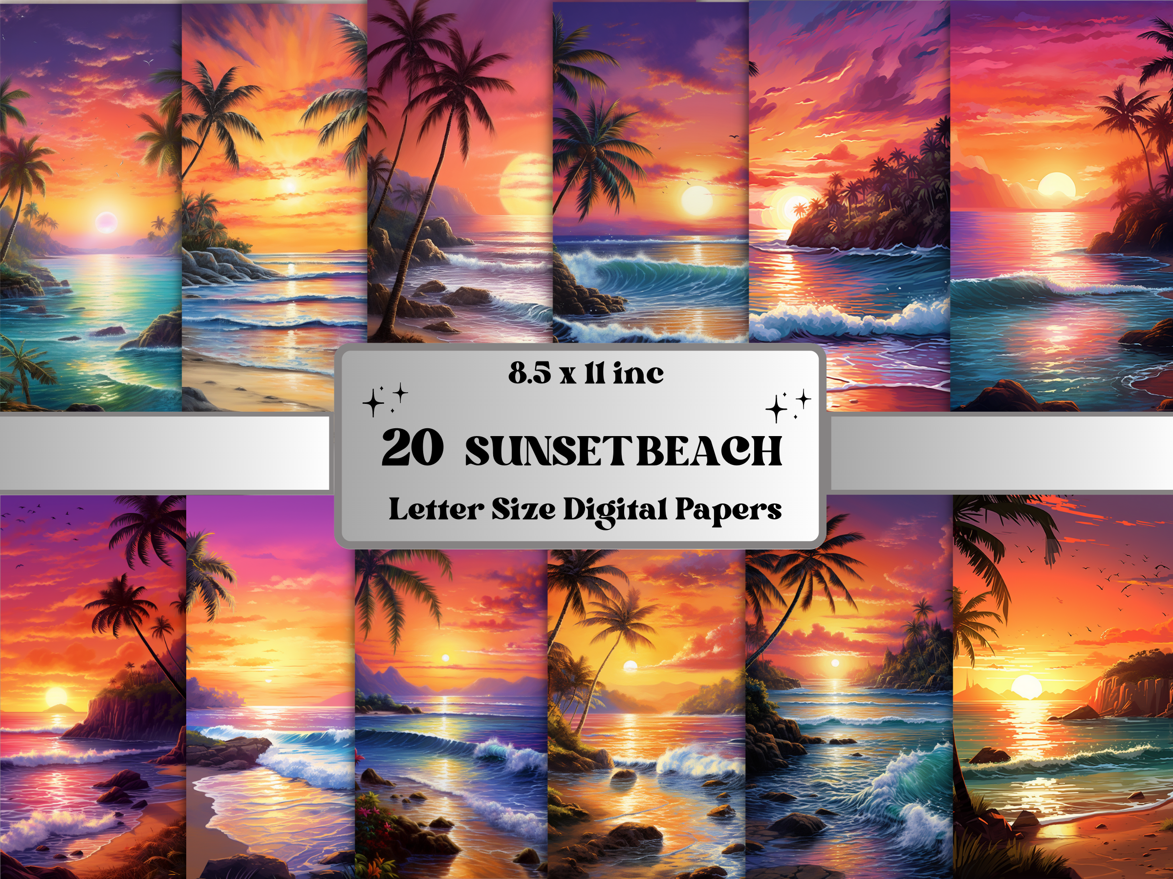 Sunset Beach Background Digital Paper