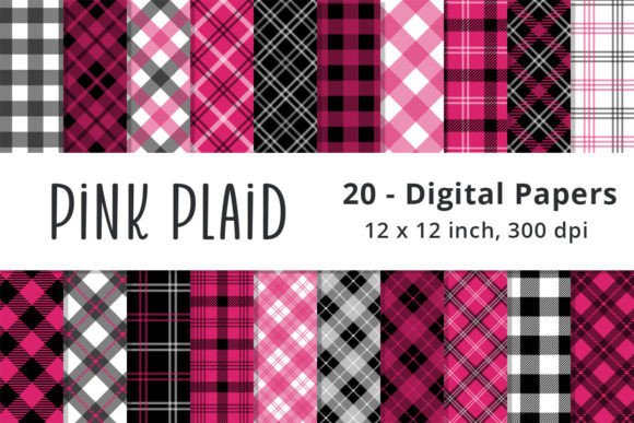 Pink and Black Plaid Digital Paper Graphic Patterns By Lemon Paper Lab