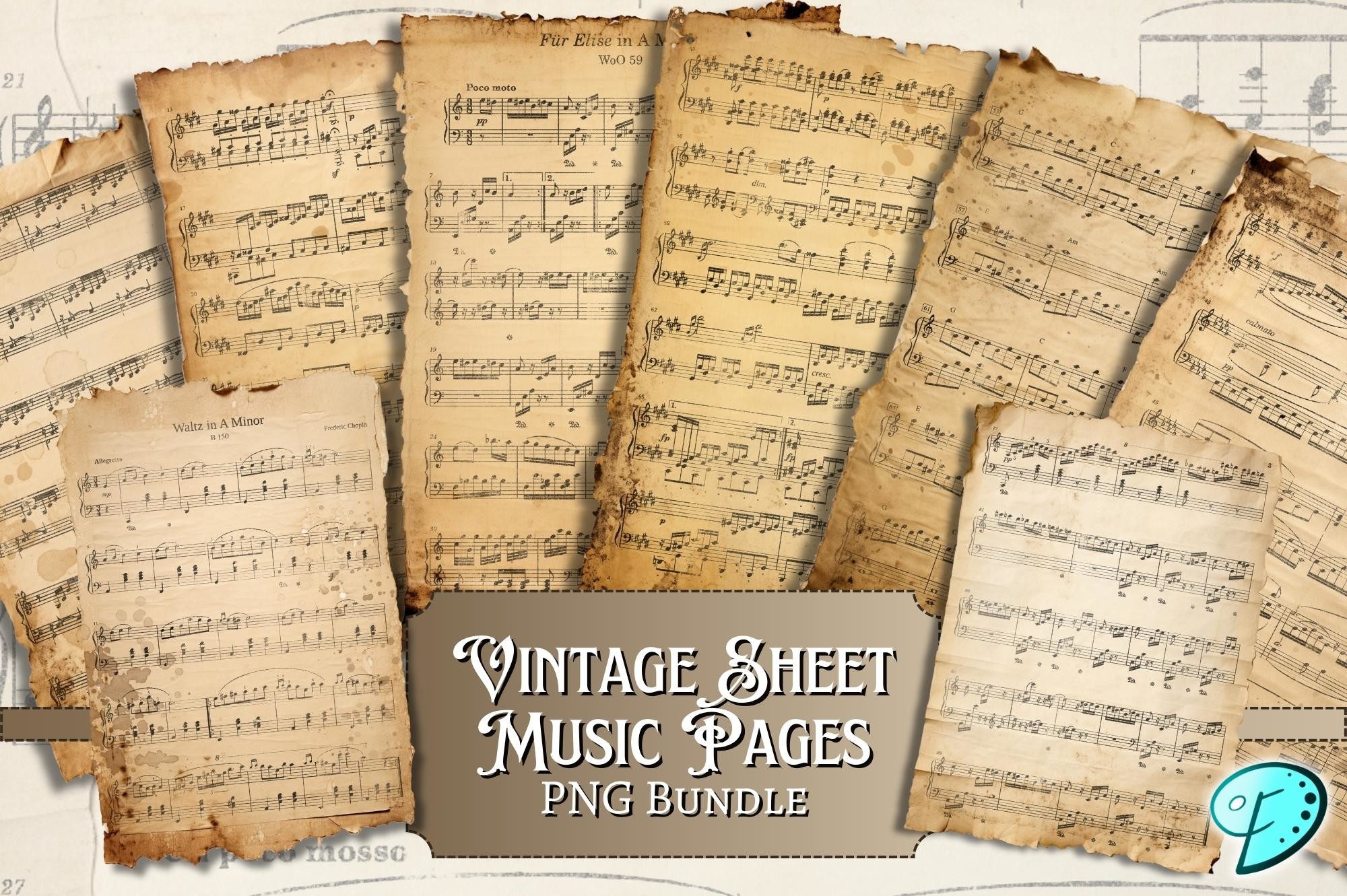 Vintage Sheet Music Pages PNG Bundle