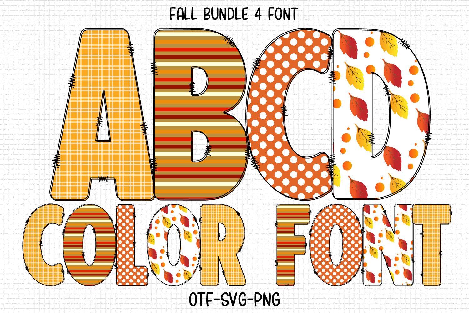 Fall Alphabet color font — illustrated letters with pumpkins and autumn leaves for children's content