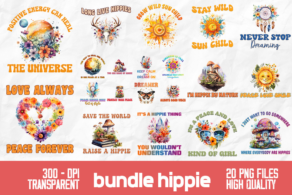 Rainbow Hippie Flowers Bundle Design Graphic by Unlimab · Creative Fabrica