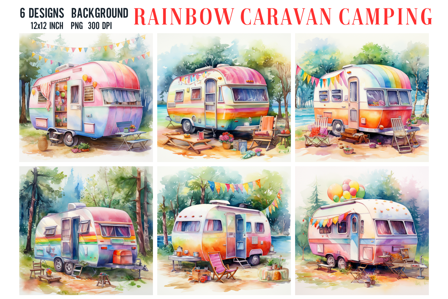 Caravan Backdrop Watercolor Rainbow Caravan Camping Backgrounds Graphic by Babydell Art ...