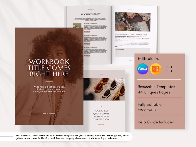 Beige Canva course creator template for coaching workbooks and e-courses
