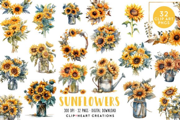 Sunflower Watercolor Clipart Set Graphic AI Illustrations By clipheartcreations