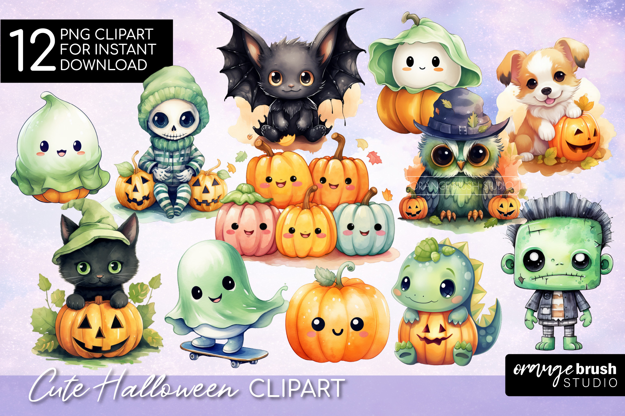 Cute Halloween Clipart PNG Bundle Graphic by Orange Brush Studio ...