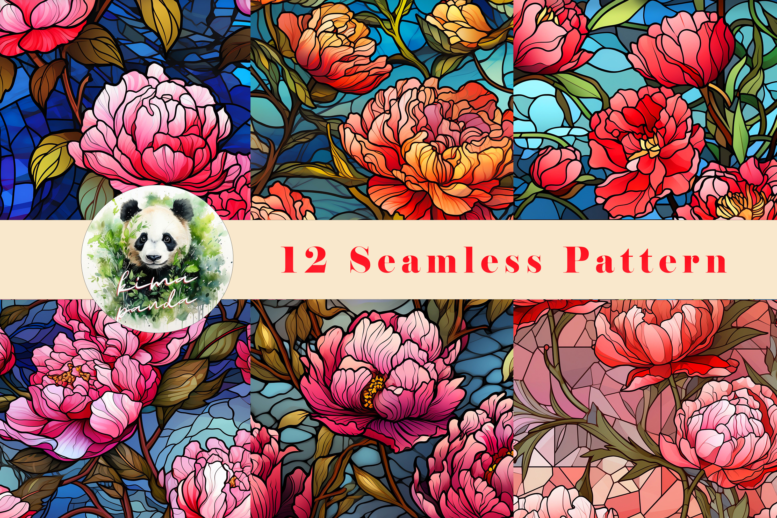 Stained Glass Peony Digital Paper Graphic by Kima Panda · Creative Fabrica