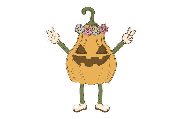 Retro Groovy Halloween Pumpkin with Flower Wreath