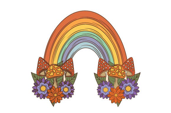 Retro Groovy Halloween Rainbow with Mushrooms