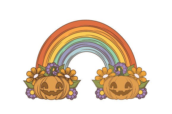 Retro Groovy Rainbow with Halloween Pumpkins