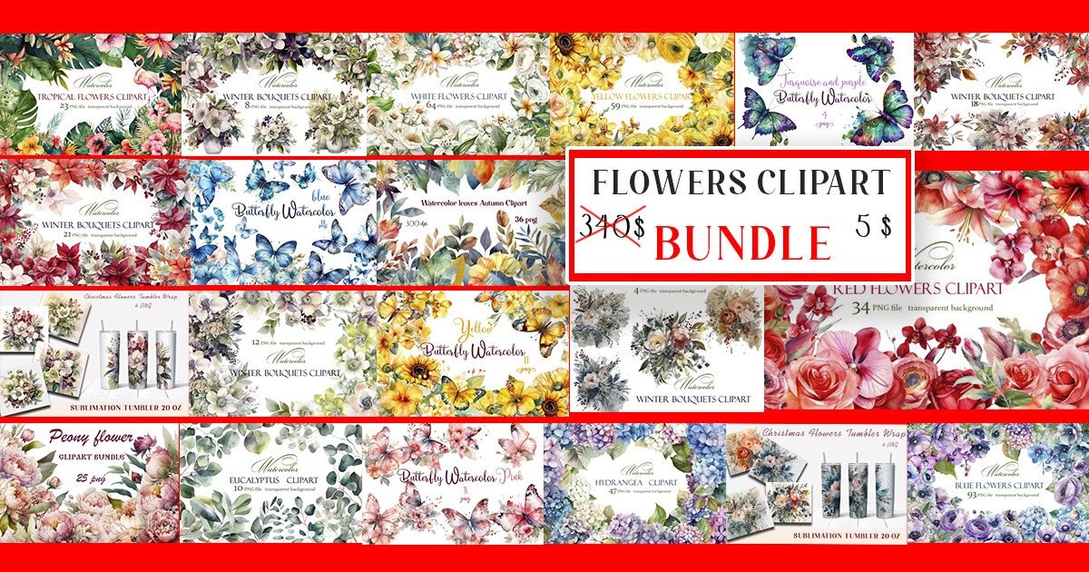 Cute Flowers Watercolor Clipart Bundle Bundle · Creative Fabrica