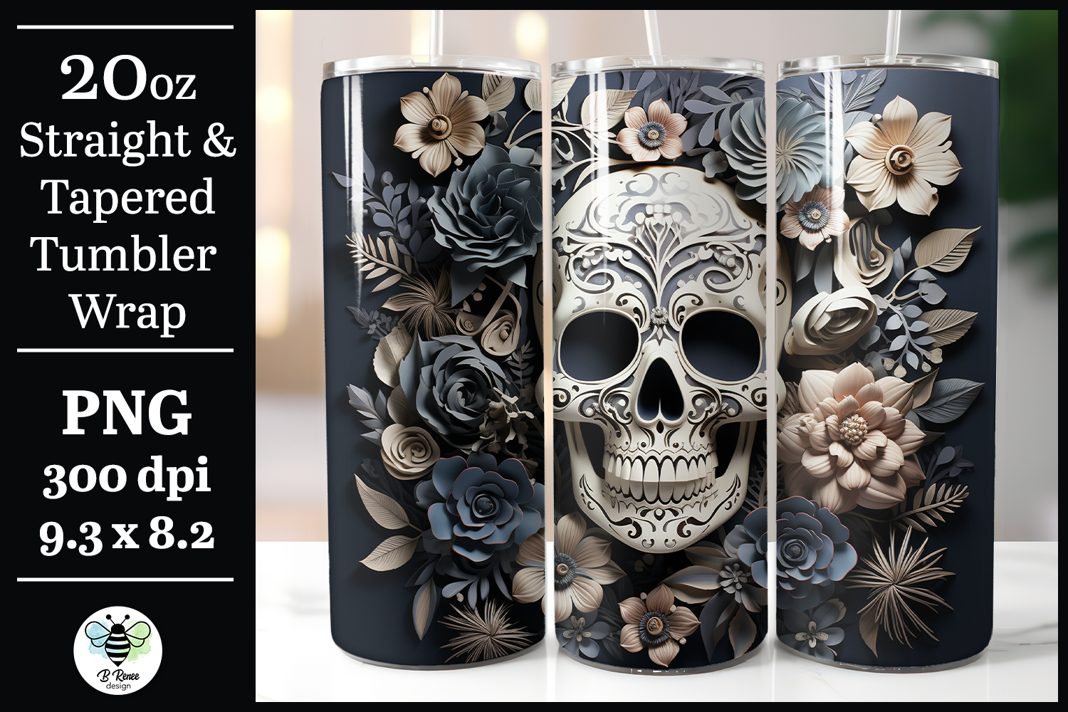3D Floral Skull Halloween Tumbler Wrap Graphic by B Renee Design ...