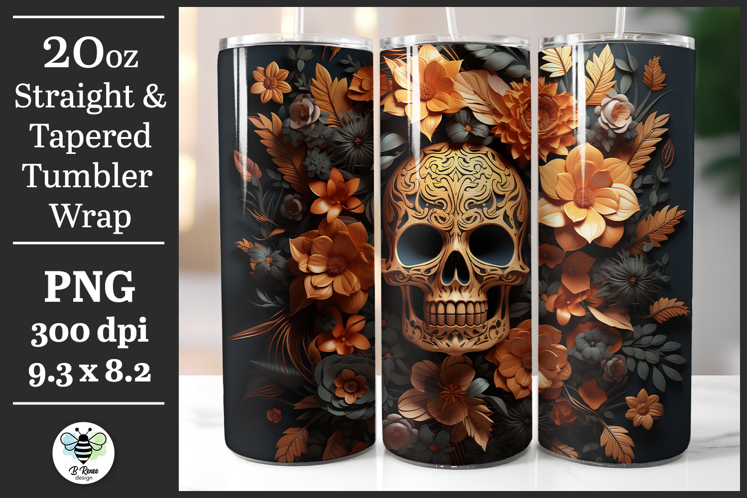 3D Floral Skull Tumbler Wrap Graphic by B Renee Design · Creative Fabrica