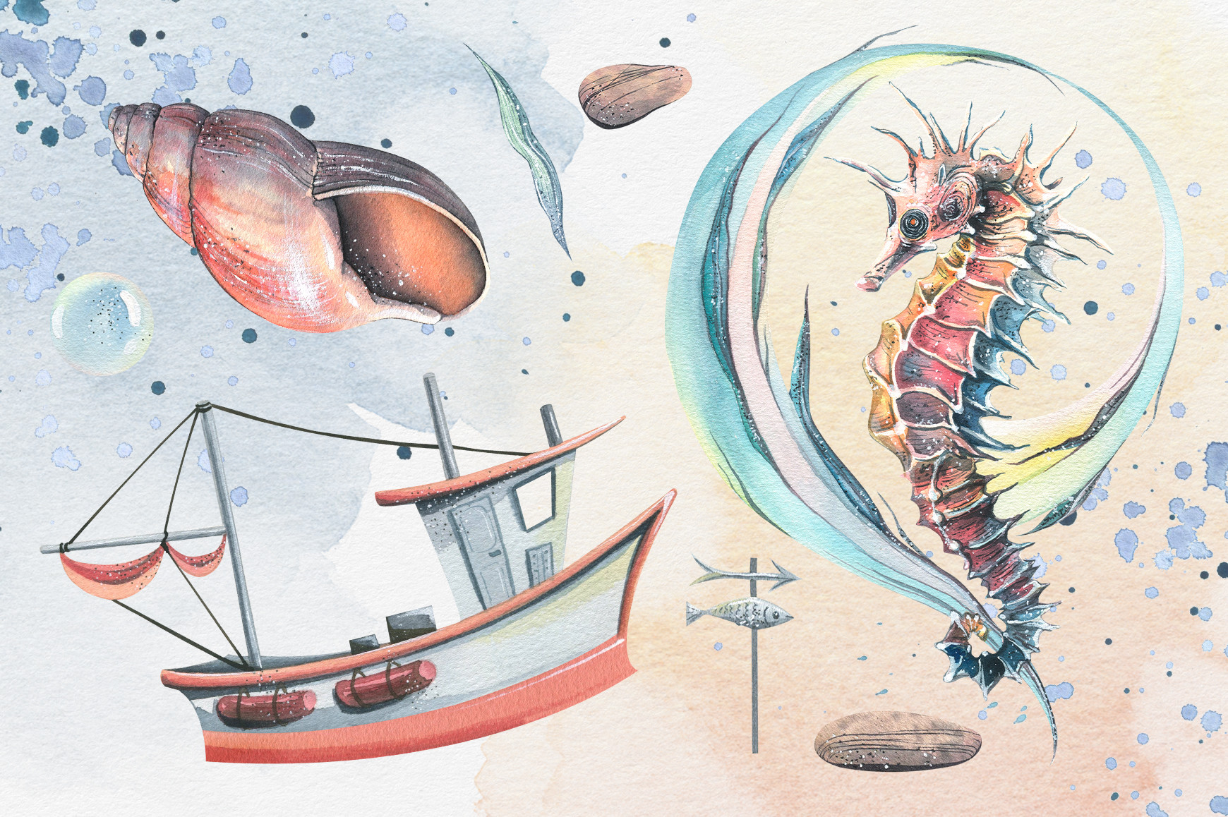 Nautical Underwater Watercolor Clipart - photo 5