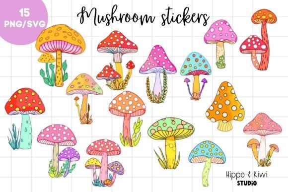Retro Groovy Mushroom Stickers Graphic AI Transparent PNGs By Hippo and Kiwi Studio