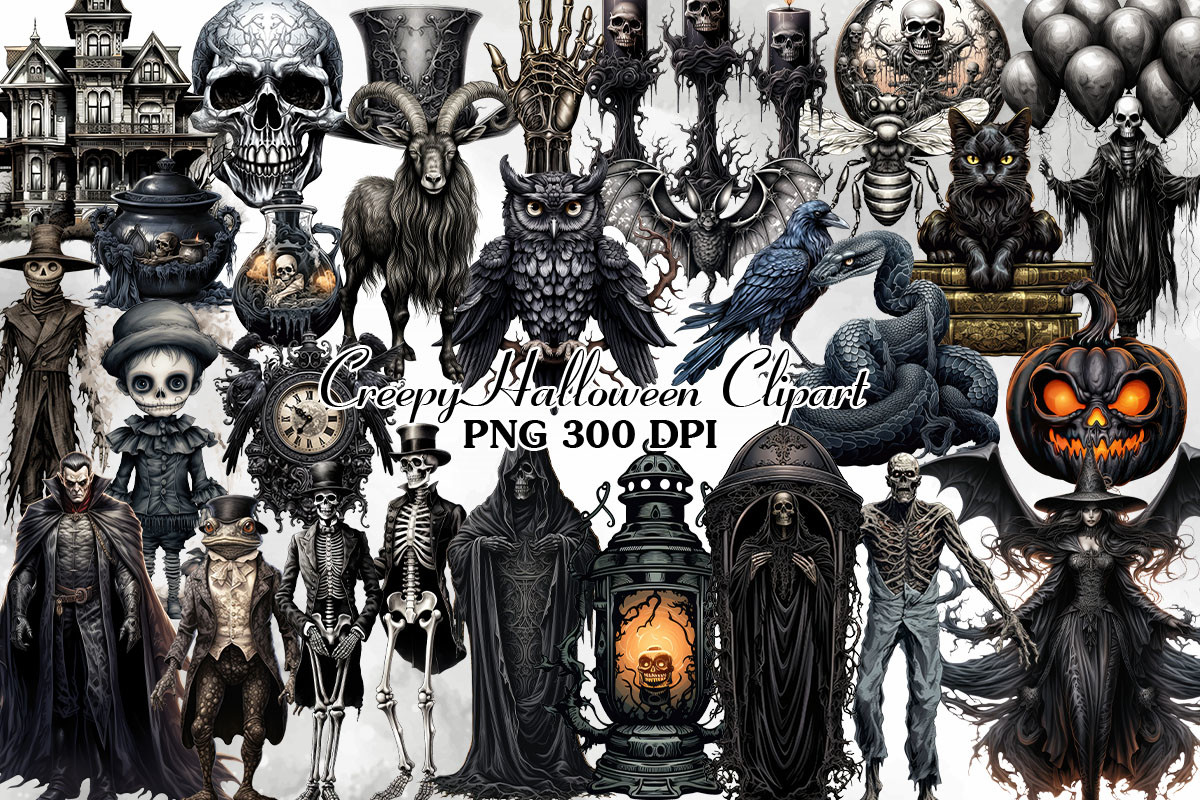 Vintage Creepy Halloween Clipart Bundle