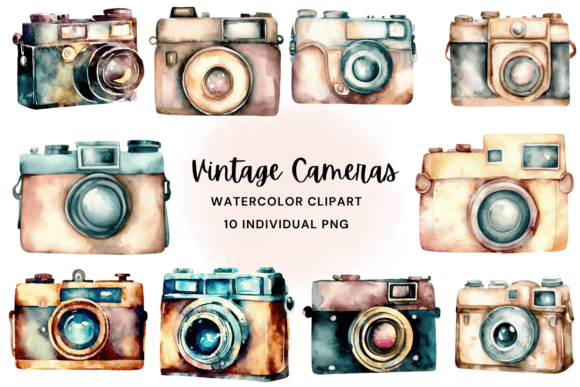 Vintage Cameras Watercolor Clipart PNG