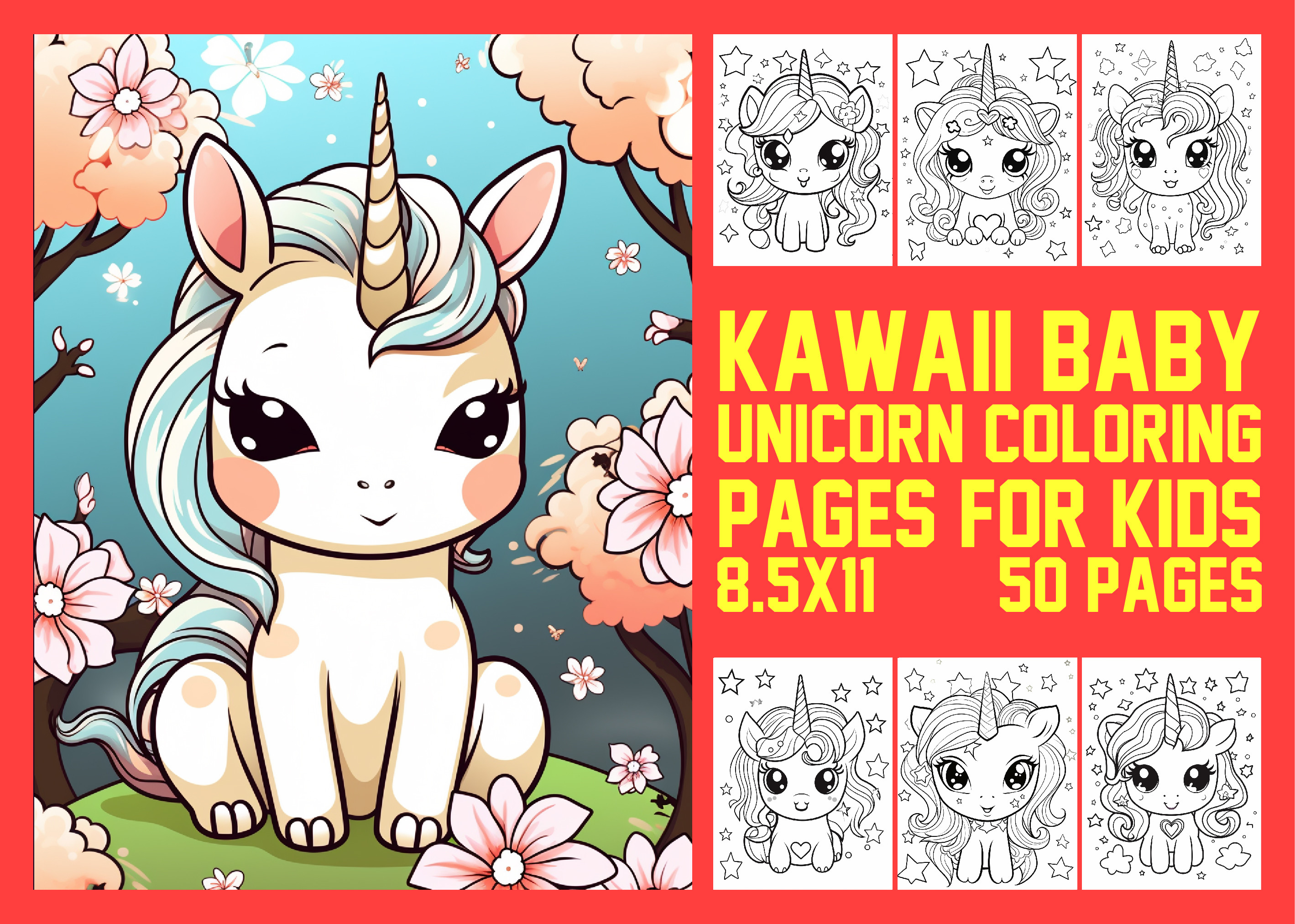 Cute Kawaii Baby Unicorn Coloring Pages