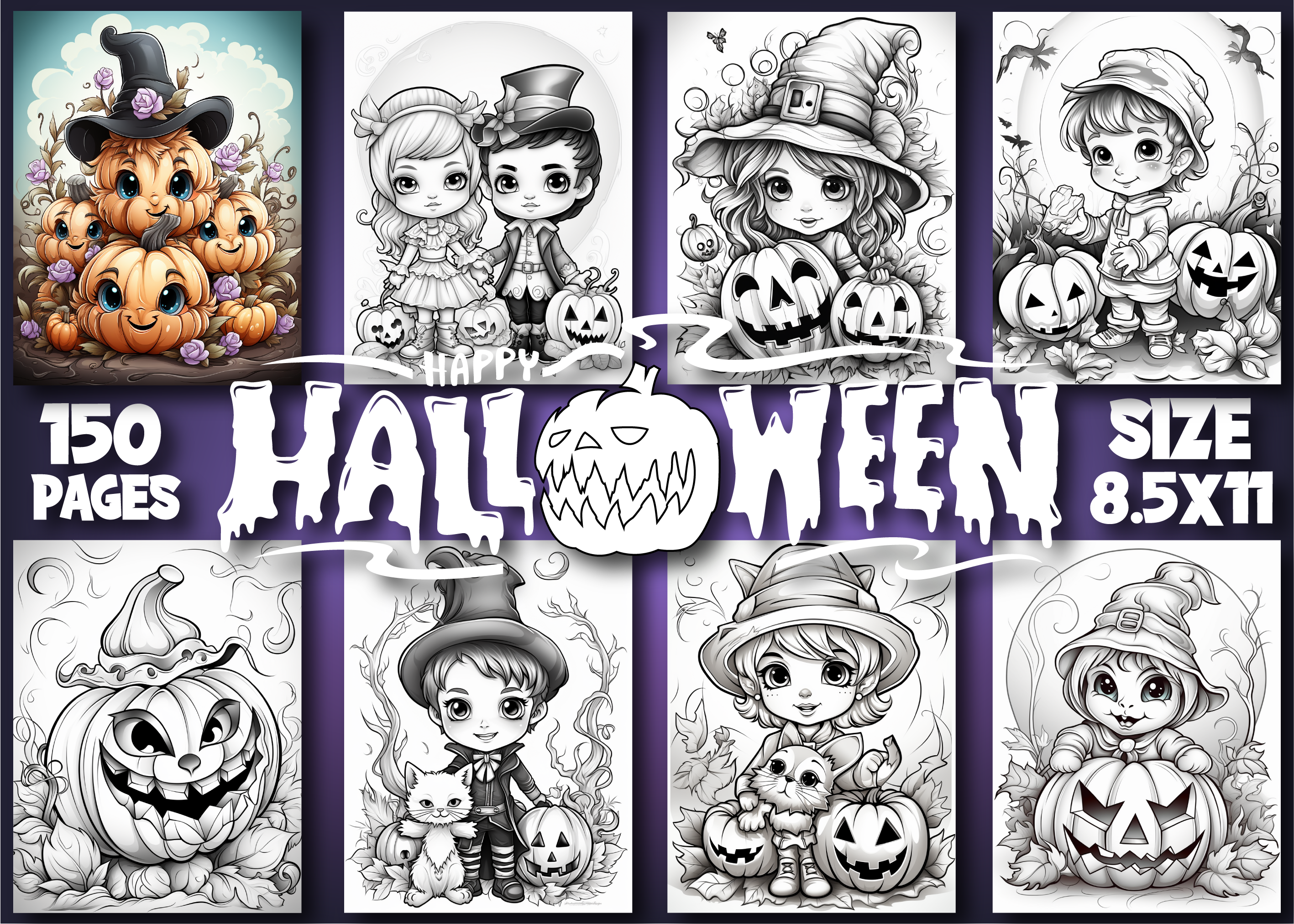 Cute Halloween coloring page featuring smiling seasonal characters for kids
