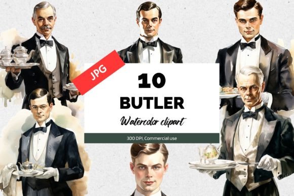 Watercolor Butler Clipart JPG Graphic by KiwiCakeStudio · Creative Fabrica