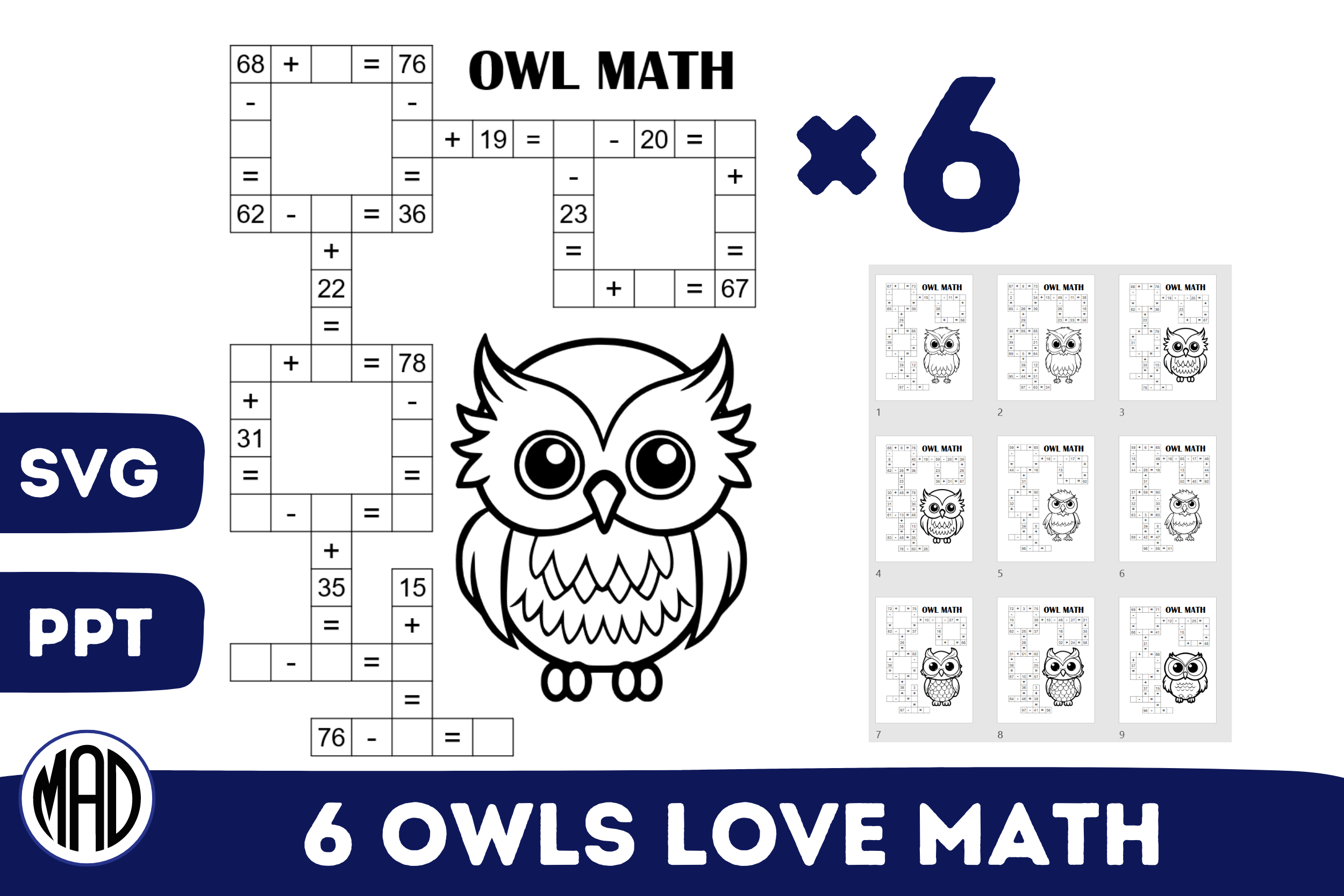 Owl Pattern Math 6 Owls That Love Math Crossmath Puzzles Graphic by Marina Art Design ...