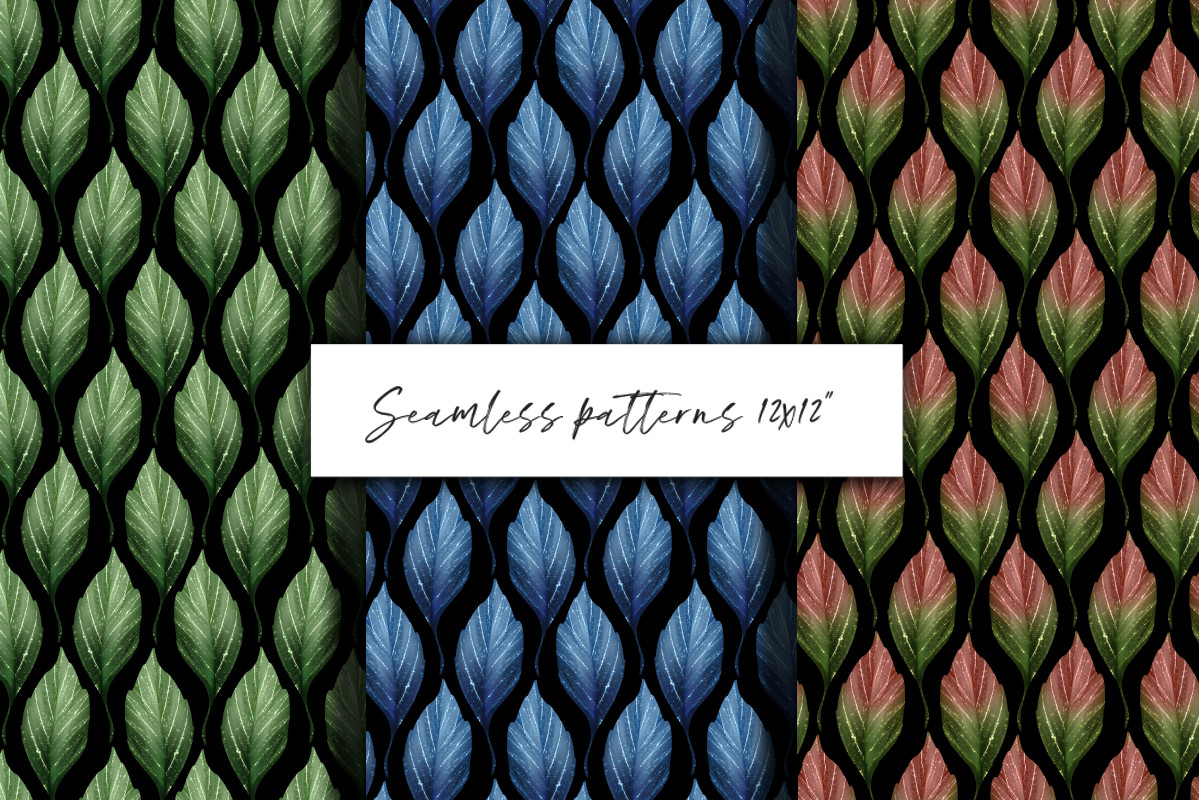 Leaves. Seamless Patterns on Black Graphic by Gribanessa_Art · Creative ...