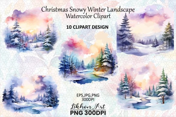 Christmas Snowy Winter Landscape Clipart Graphic Illustrations By likhon_art