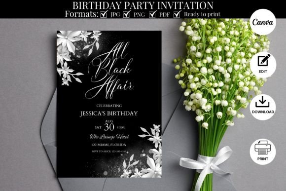 All Black Affair Birthday Party Invite Graphics