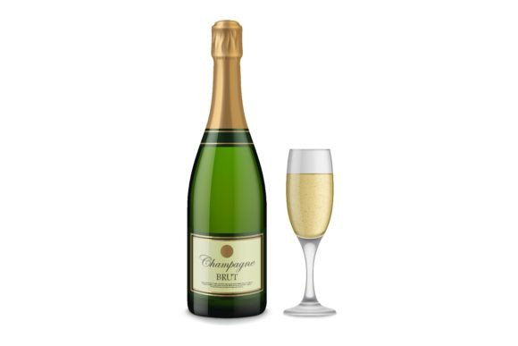 Corked Champagne Bottle and Full Glass. Graphic Illustrations By pch.vector