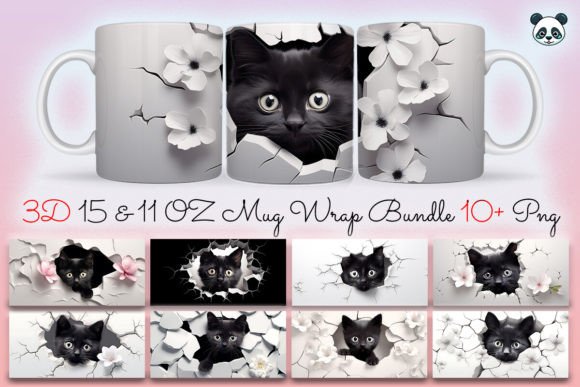 3d Black Cat Sublimation Mug Bundle Graphics