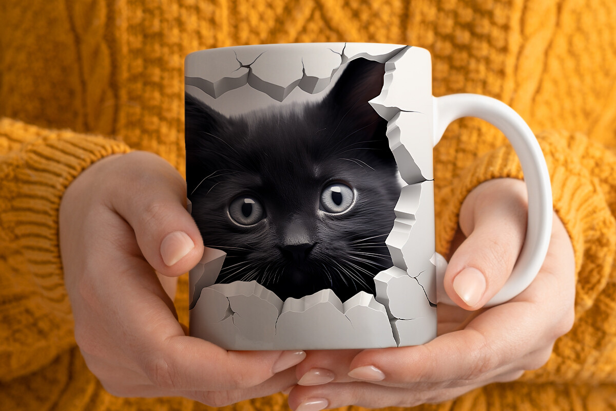 3D Black Cat Sublimation Mug Wrap Graphic by Pandastic · Creative Fabrica