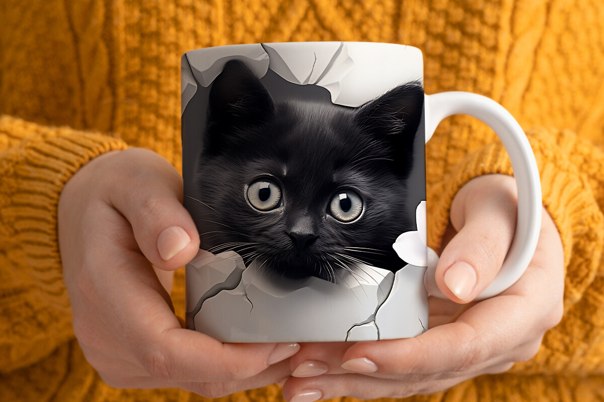 3D Black Cat Sublimation Mug Wrap Graphic by Pandastic · Creative Fabrica