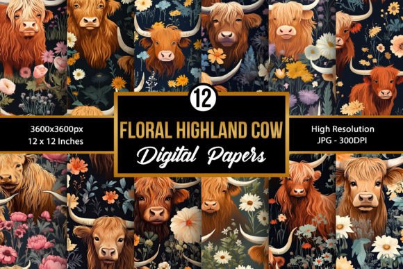 Floral Highland Cow Digital Paper Pack Graphic by Creative Store ...