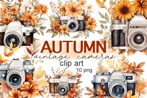 Watercolor Vintage Camera with Flowers