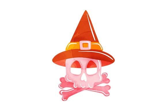 Pink Skull Wearing a Witch Hat - Watercolor