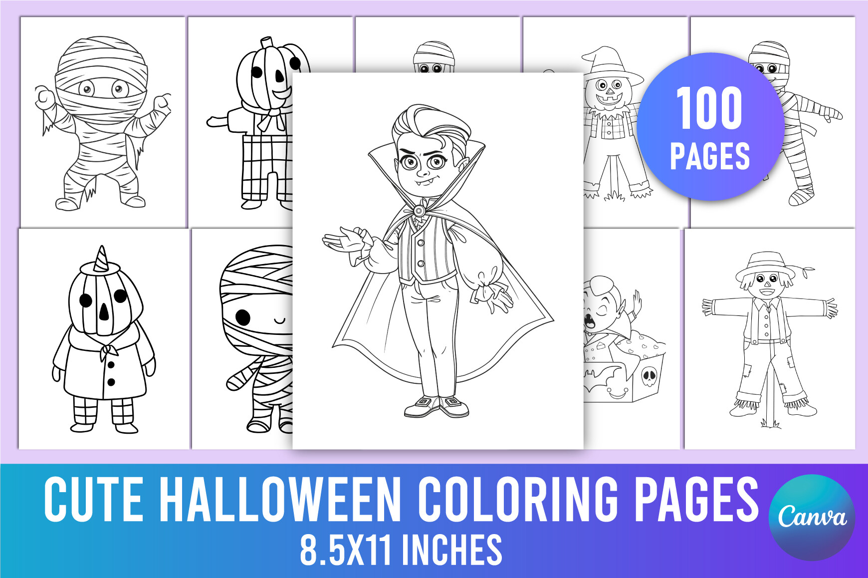 Collection cover for 100 cute Halloween coloring pages for kids