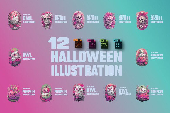 12 Halloween Illustration,SVG.AI,EPS,PNG Grafica Illustrazioni Stampabili Di Trotoart Design