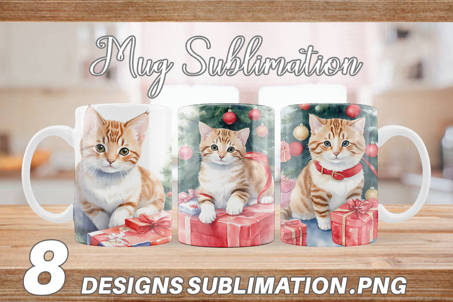Mug Wrap Watercolor Christmas Kitty Graphic by Artnoy · Creative Fabrica
