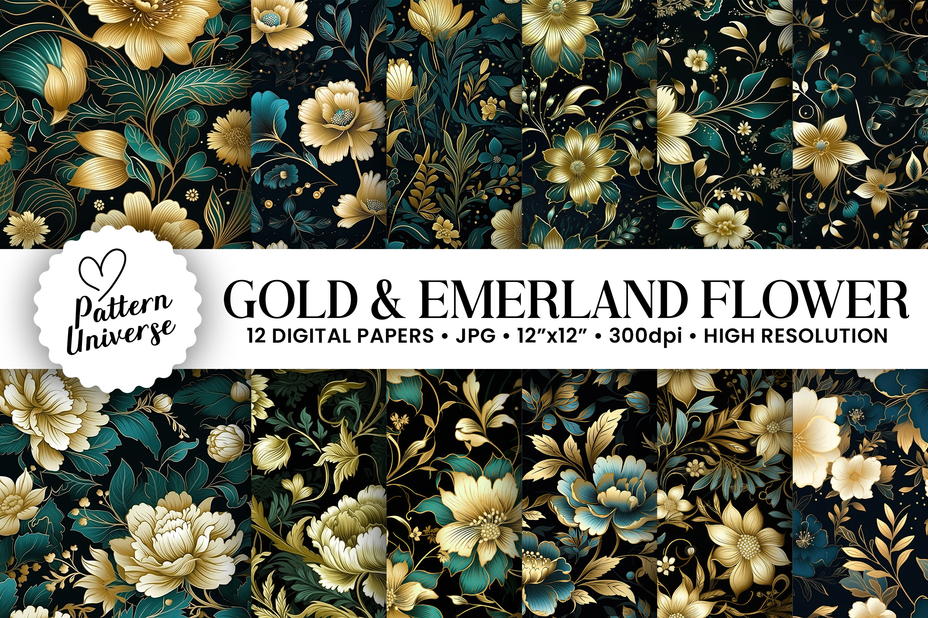 Emerald Gold Flowers Digital Papers Graphic by Pattern Universe ...