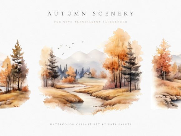 Autumn Scenery Watercolor Clipart Set