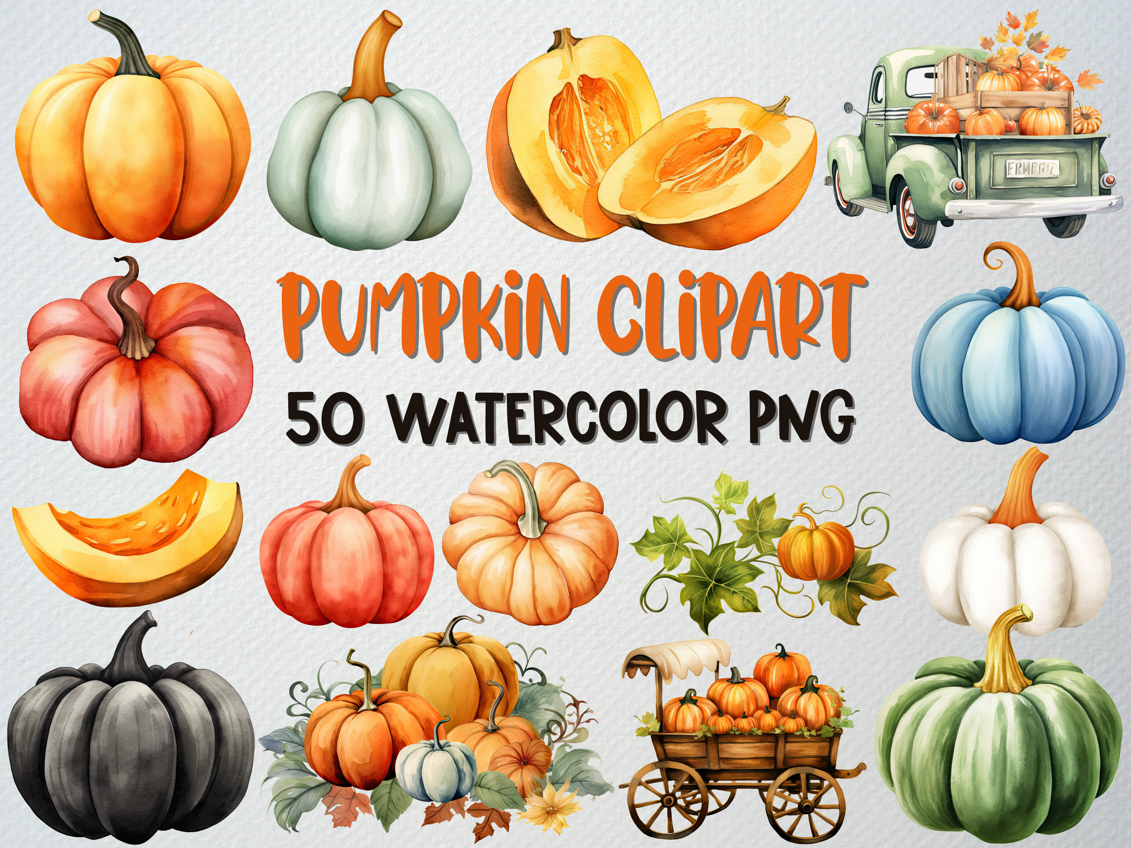 Watercolor Pumpkin Clipart Set, 50 PNG Graphic by beyouenked · Creative ...