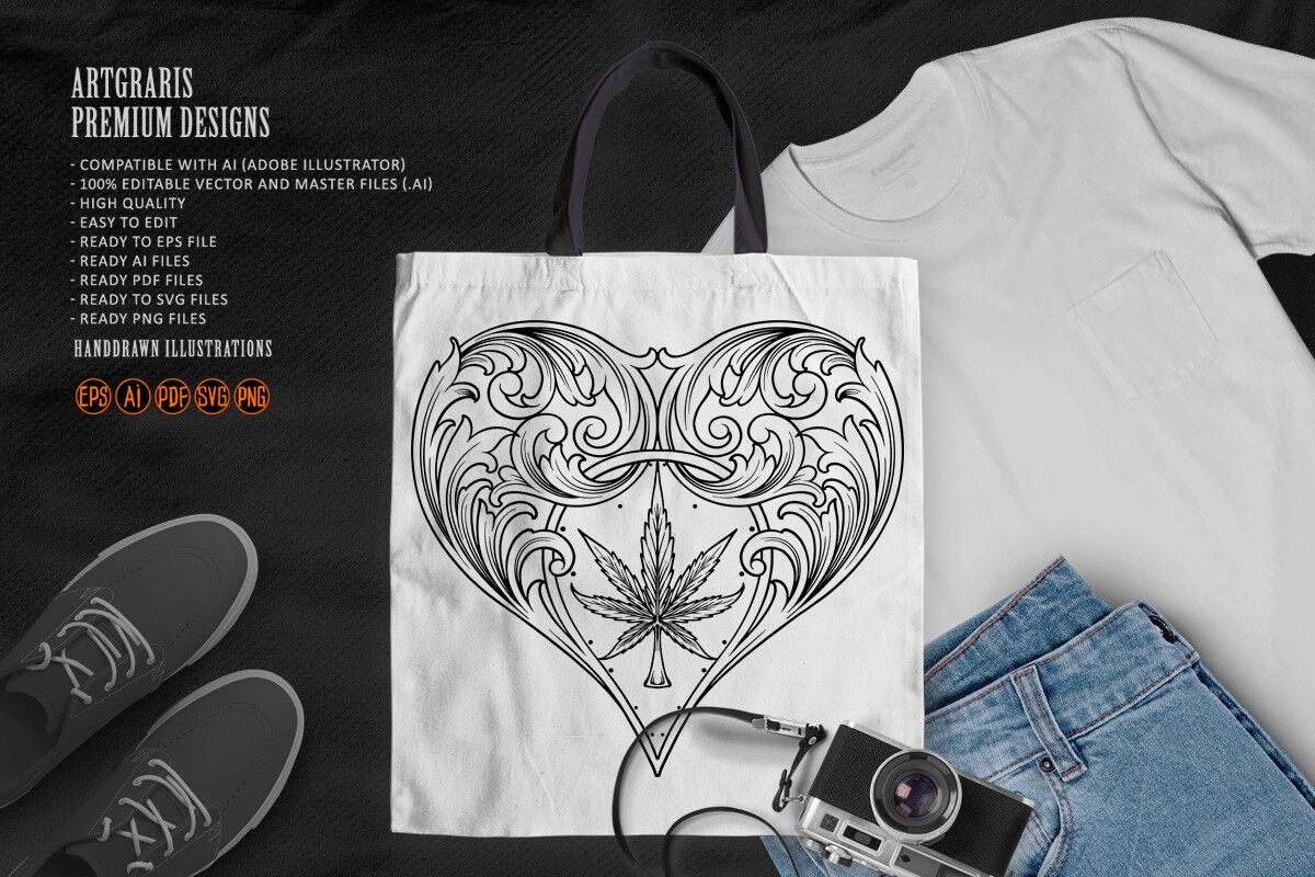 Elegant Cannabis Leaf Heart Flourishes Graphic by artgrarisstudio ...