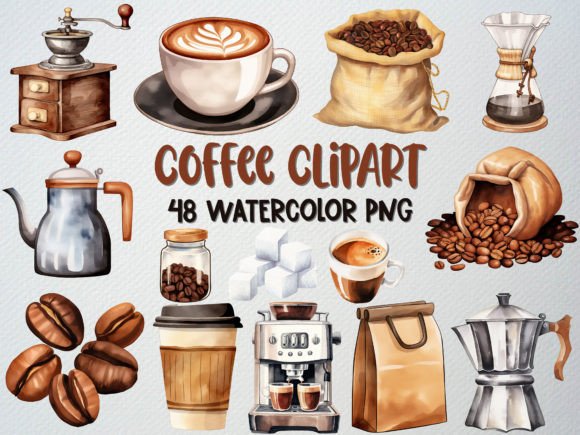 Watercolor Coffee Clipart Set, 48 PNG
