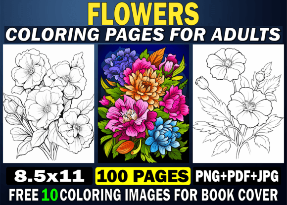 100 Flowers Adult Coloring Book for-Kdp
